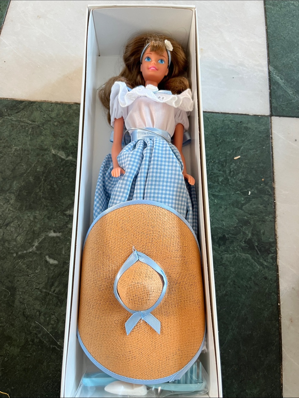 1995 Mattel Doll in Blue Gingham Dress with White Top and Brown Straw Hat